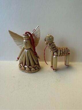 2 Vintage Scandinavian Straw Christmas Angel and Lamb Christmas Ornaments.